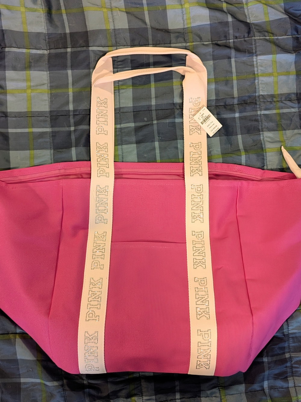 PINK Victoria's Secret Bright Pink Canvas Tote with Light Pink Logo Straps